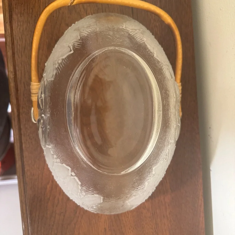 Vtg Frosted Clear Glass Holiday Basket Holly Berry Christmas Bells Woven Handle